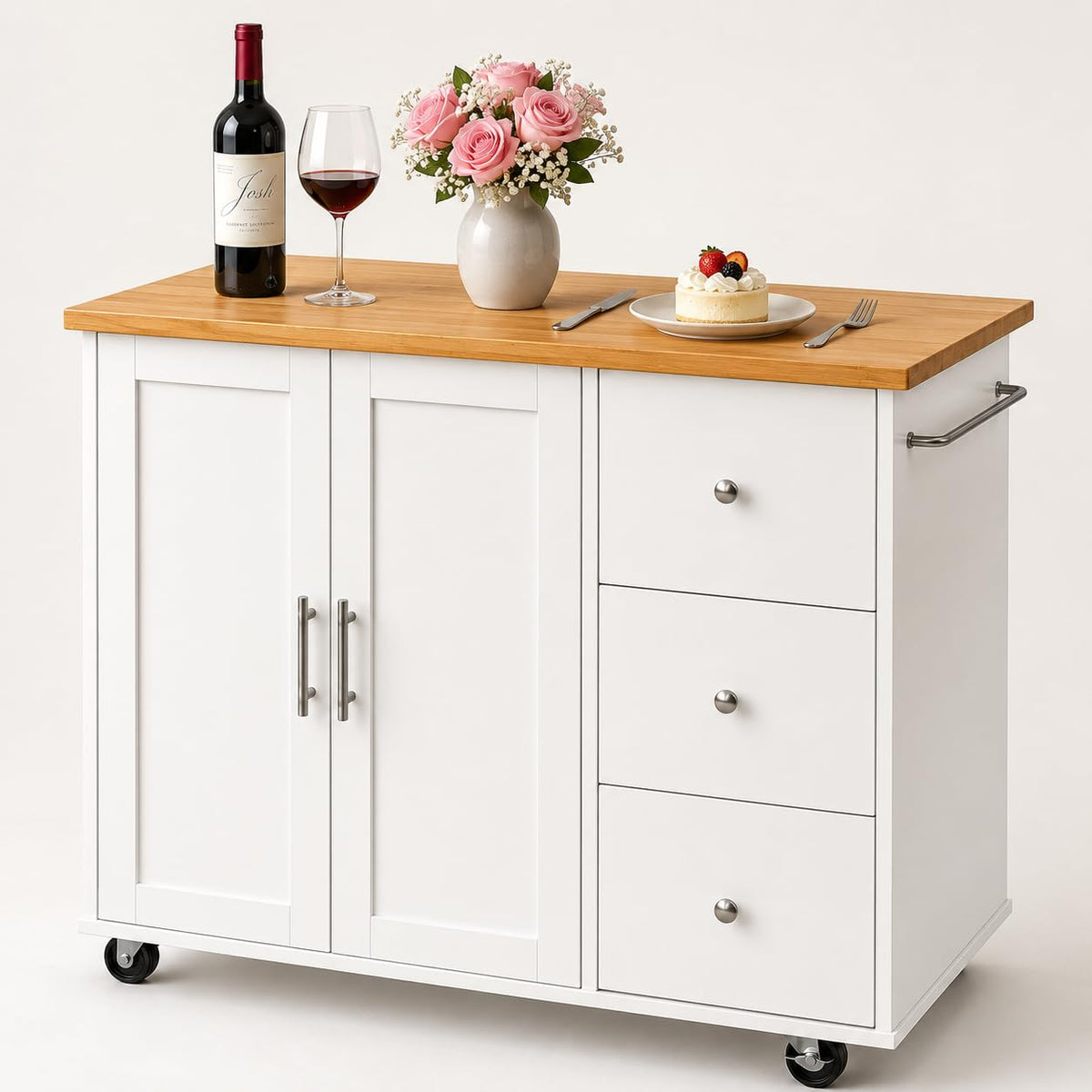 JY QAQA 26" Rolling Kitchen Island Cart on Wheels, Mobile Storage Cabinet with Drawer & Inner Shelves, Towel Rack, Lockable Casters, Wood‑Top Portable Prep Cart for Kitchen Dining Apartment, White