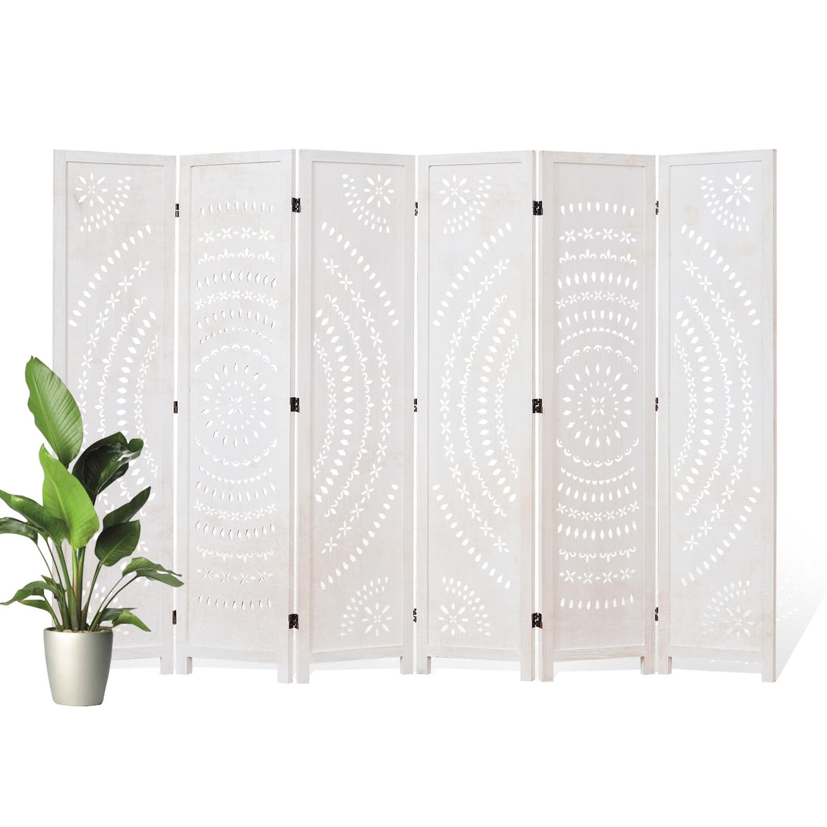 66.9Inch Folding Room Divider, 6 Panels Wood Carved Privacy Screens, Free Assembled Freestanding Partition for Home Office Restaurant Bedroom (Natural)