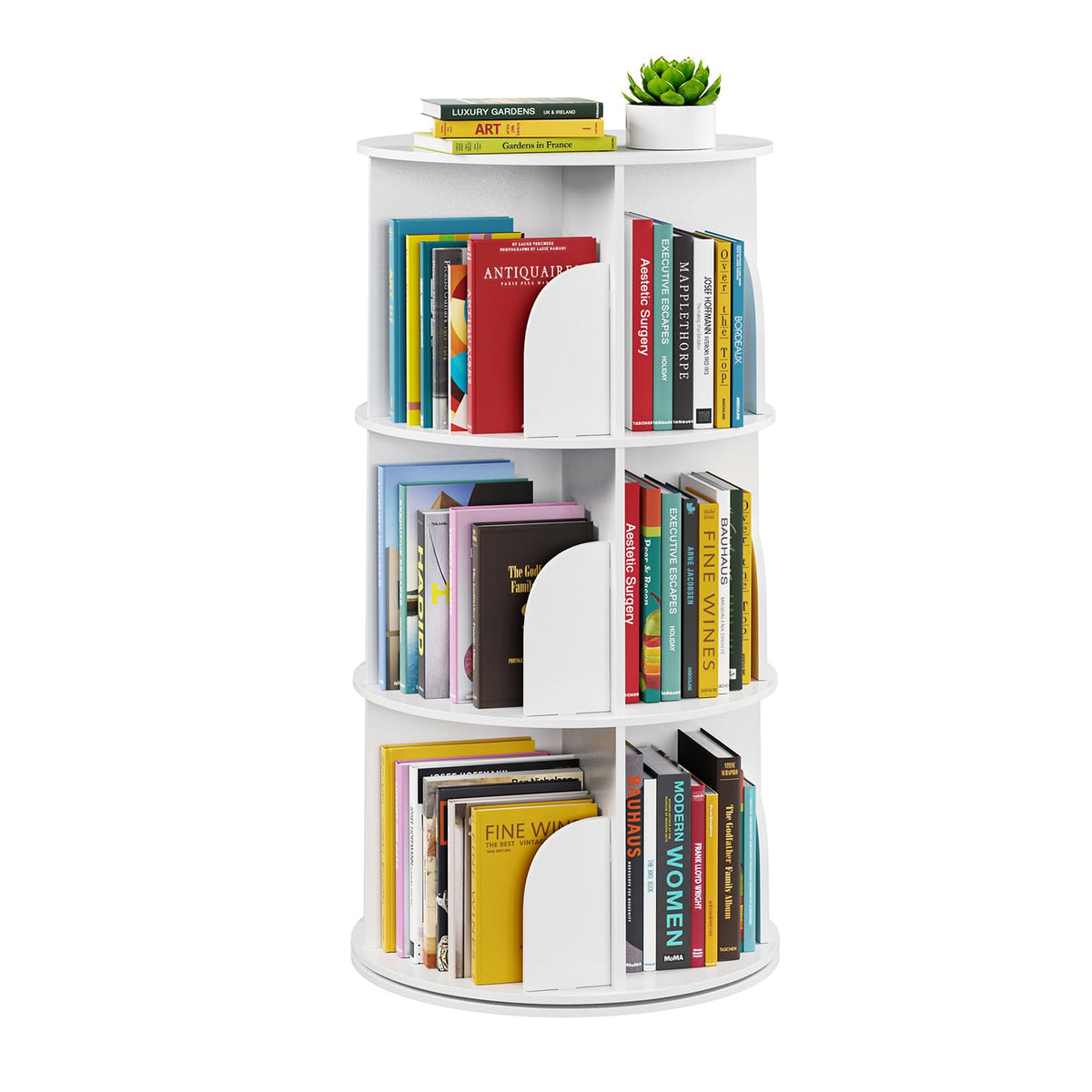 SpaceAid 4 Tier Rotating Bookshelf Tower, Spinning Bookcase Lazy Susan, Revolving 360 Book Shelf Storage Round Carousel, Vertical Rotate Turning Spiral Corner Organizer, White