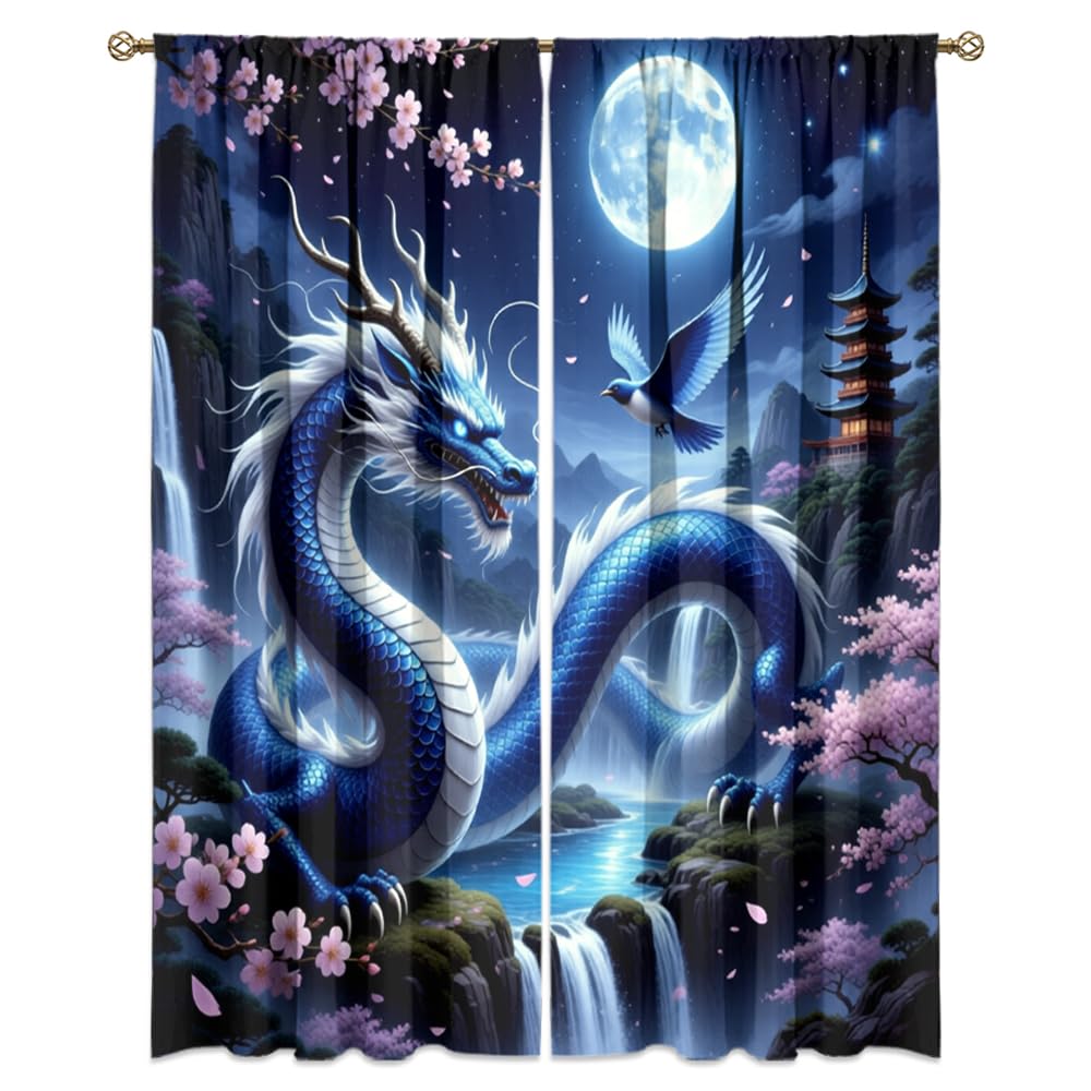 Dreamy Ice Fire Dragon Rod Pocket Curtains-Fantasy Yin Yang Theme Blackout Curtains & Drapes for Bedroom,Mythological Wild Animals Dragon Room Darkening Window Curtain,2pcs,Each 52“W x 96”L