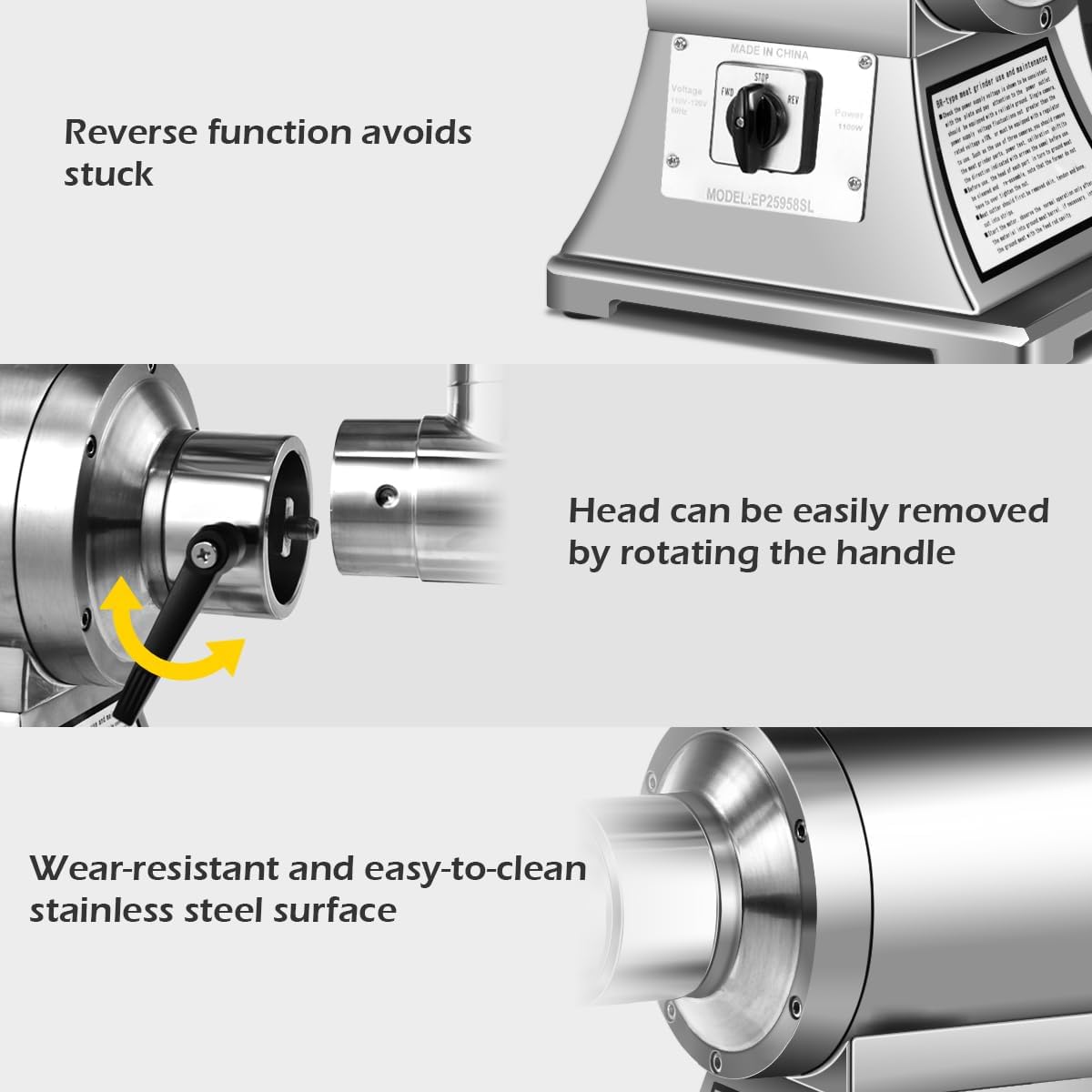 Tangkula Commercial Meat Grinder, 1.5 HP, 1100W, 551LB/h #12 Stainless Steel Electric Sausage Stuffer, 225RPM Heavy Duty Industrial Meat Mincer w/2 Blades, 2 Grinding Plates & Stuffing Tubes