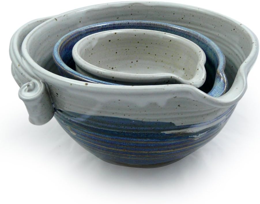 Stoneware Pottery Batter Bowls, 3-Piece Nesting Set, French Blue Glaze