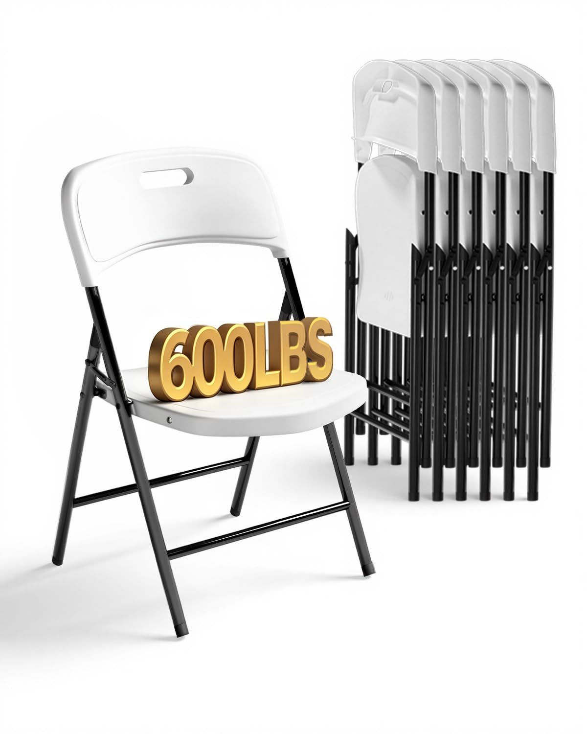 Folding Chairs, 600lbs Capacity, Heavy-Duty Commercial Stackable Plastic Foldable Chairs for Indoor/Outside, Office, Kitchen, Party, Patio(White, 4 Pack)