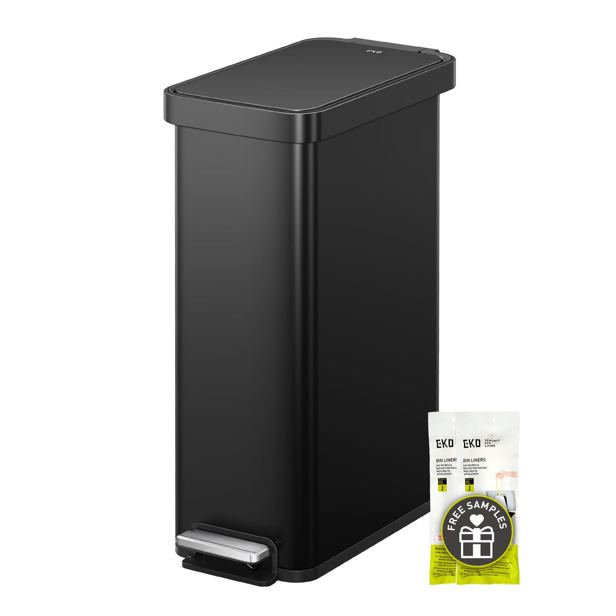EKO Hudson Slim 50L / 13.2 Gallon Kitchen Trash Can with Lid, Stainless Steel Step Garbage Can for Kitchen or Home, Space-Saving Garbage Can with Soft Close Lid, Stay-Open, Liner Ring, Handle