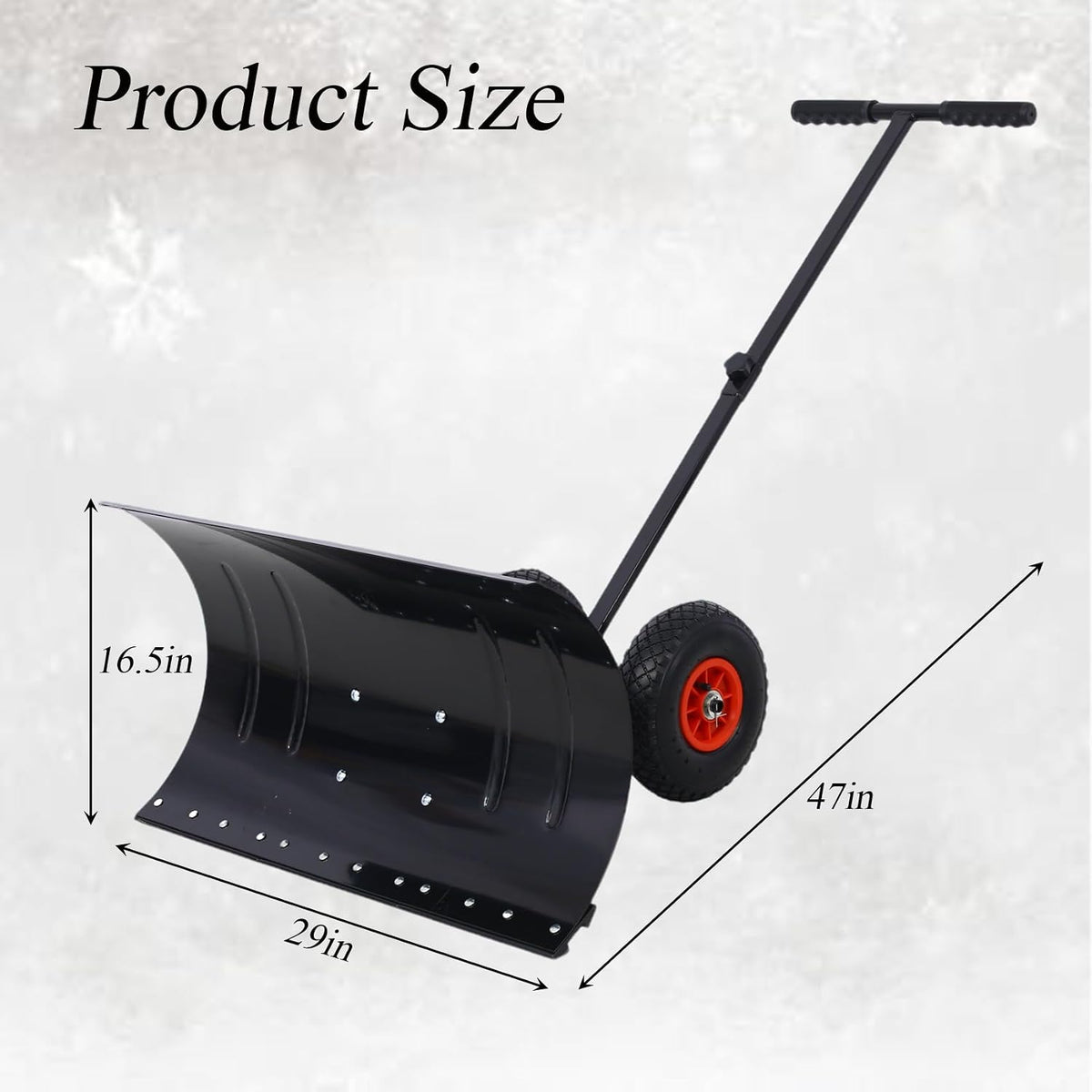 Snow Shovel with Wheels, Snow Pusher, Cushioned Adjustable Angle Handle Snow Removal Tool, 29" Blade Snow Plow, 10" Wheels (Black)