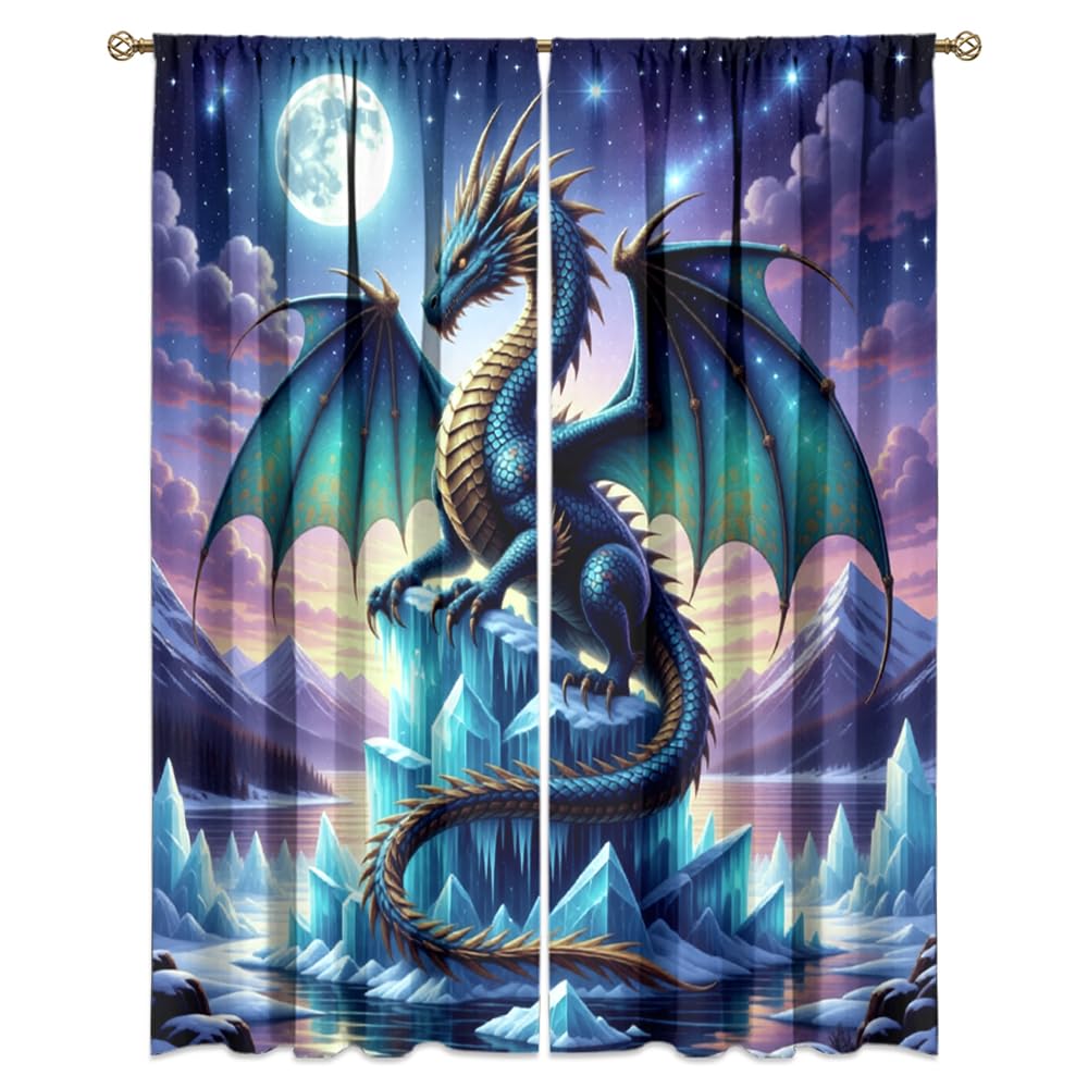 Fantasy Mythical Animal Dragon Curtains,Dreamy Galaxy Full Moon Room Darkening Blackout Window Treatment,Mythological Wildlife Dragon Rod-Pocket Privacy Curtains,2pcs,Each 52“W x 96”L