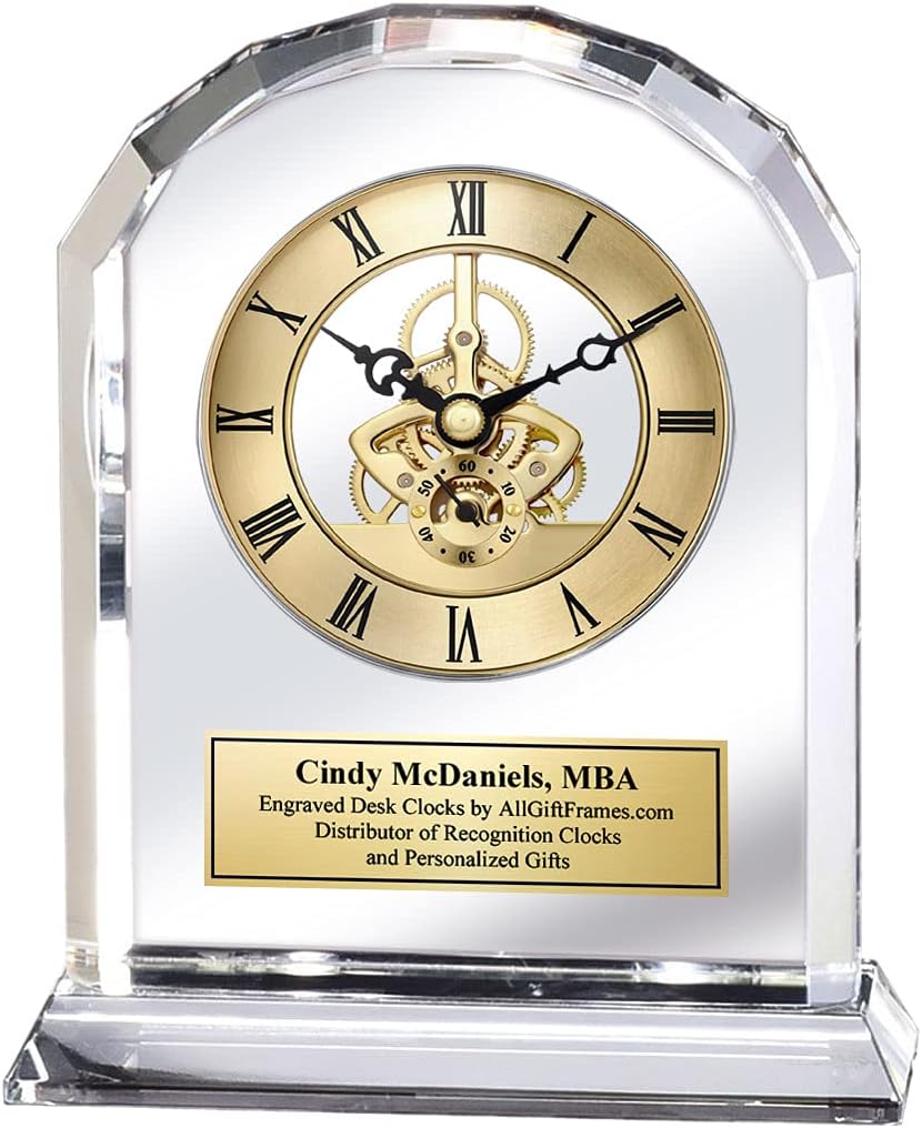 Diamond Cut Marquee Crystal Engrave Gear Clock Employee Service Gift