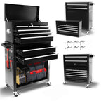 5-Drawer Rolling Tool Box with Lockable Wheels, Tool Chest with Detachable Tool Box, 4 Hooks, and Liner, Heavy-Duty Metal Tool Cart for Garage and Workshop Storage, Black