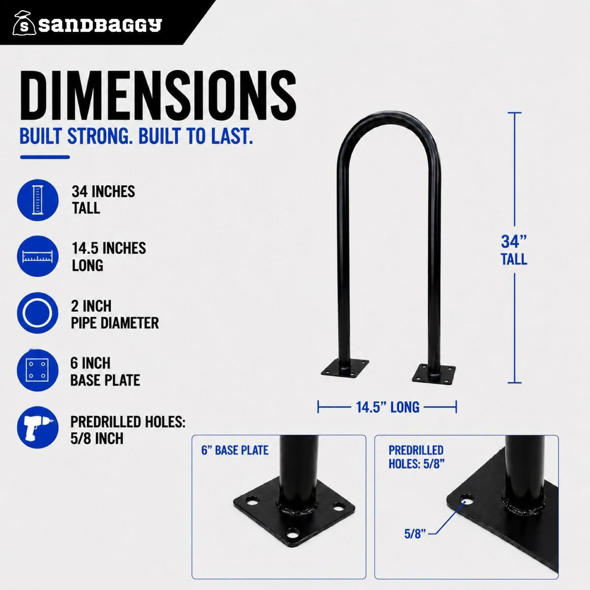 Sandbaggy In Ground Bike Rack | U Shaped, Commercial, Outdoor, 1 Loop, Steel | Black, 14.5" x 34" (2)