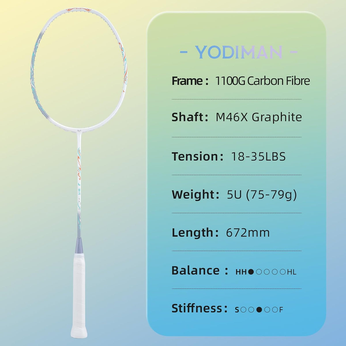 YODIMAN Badminton Racket Pro Ultra-Light Carbon Fiber Graphite M46X Professional Performance Badminton Racquet 4U 5U Head Heavy Frame Competition Grade with Overgrip