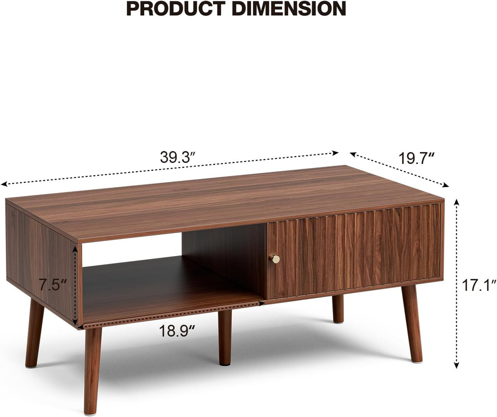 LCRBOL Coffee Table with Fluted Sliding Door, Mid-Century, Walnut