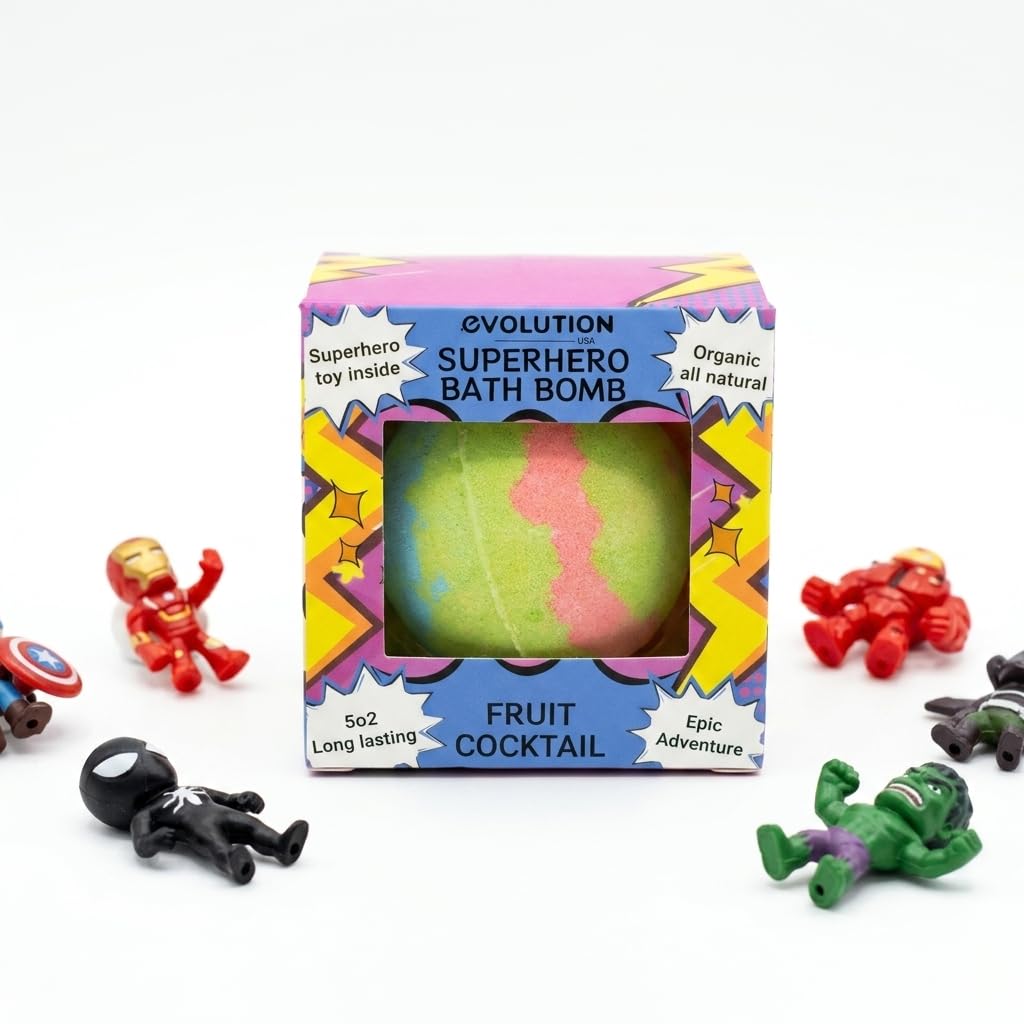 EvolutionUSA Black Epic Superhero Bath Bombs for Kids, 6 Super Hero Bath Bombs with Toy Inside Bathbombs, Organic Bathbomb with Surprise Inside, Bath Balls, Fizzy Superhero Bath Ball
