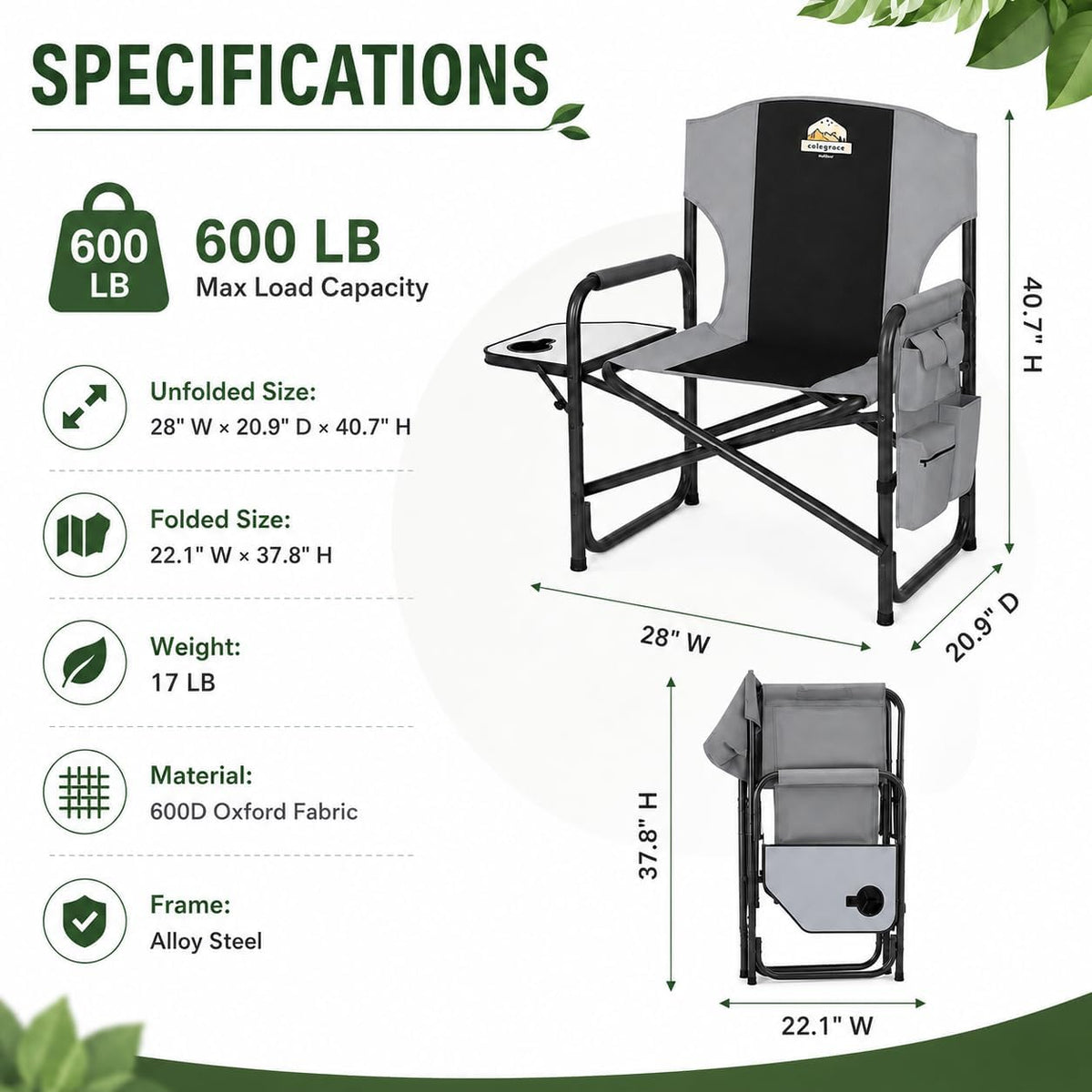 Colegence Oversized Camping Chair, 600-lb Capacity, Heavy-Duty Steel Frame