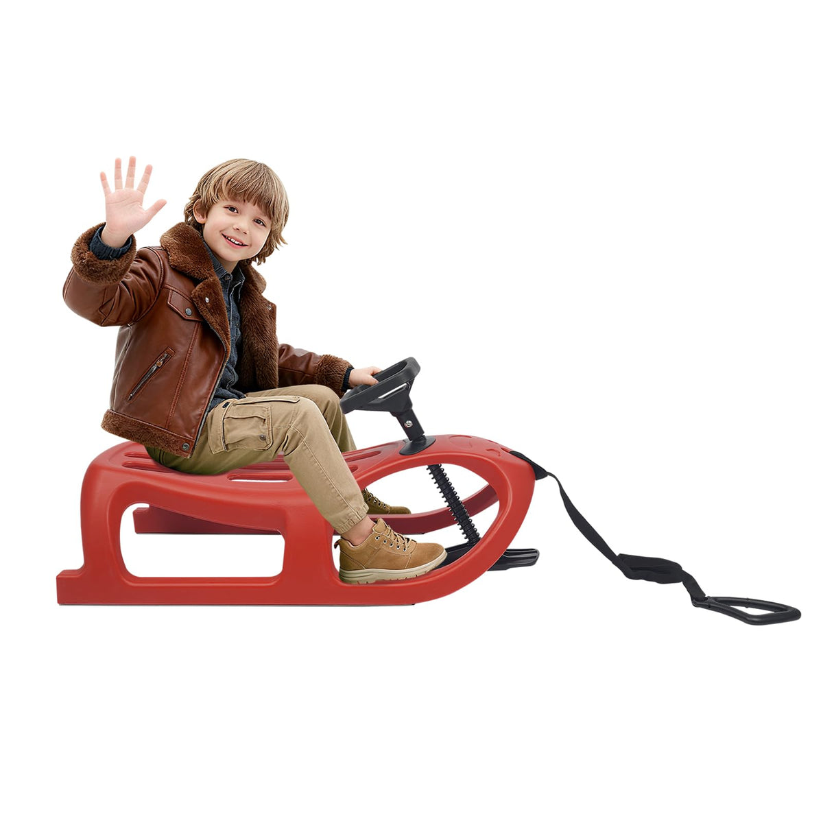 Snow Sled for Kids - Single Rider Winter Sleigh Kids Sled with Pull Rope and Steering Wheel -Outdoor Plastic Winter Sleigh Resistant 220lbs Capacity