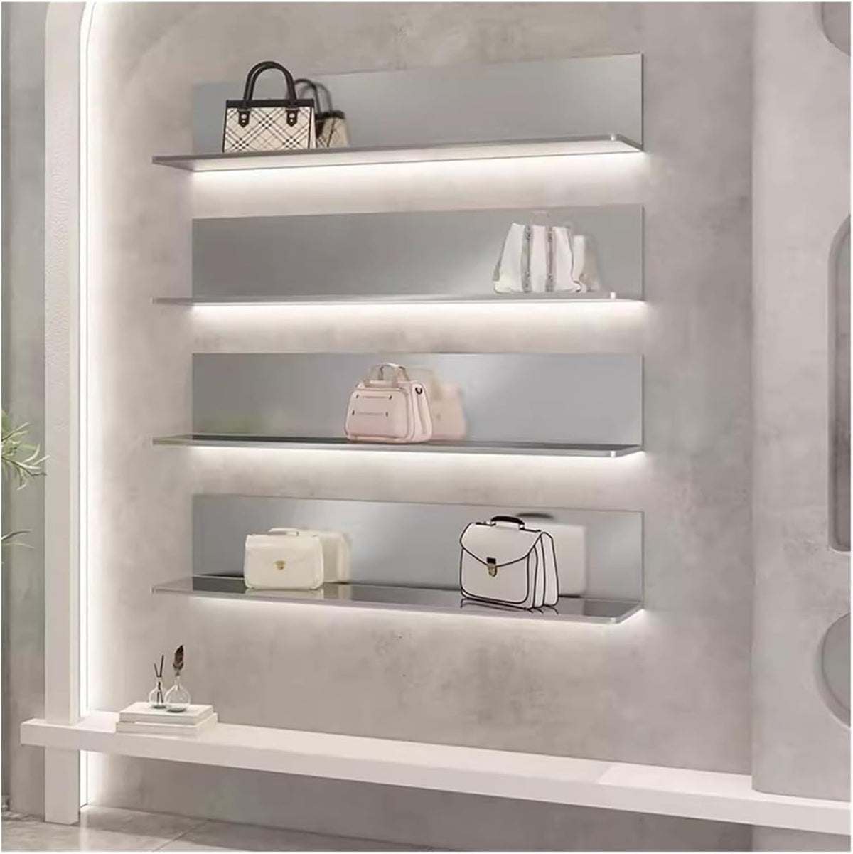 Floating Wall Shelves with Led Light, Stainless Steel Design for Home Decoration, Ideal for Organizing Accessories and Displaying Items,Silver Grey/1 Item-100x30x30cm