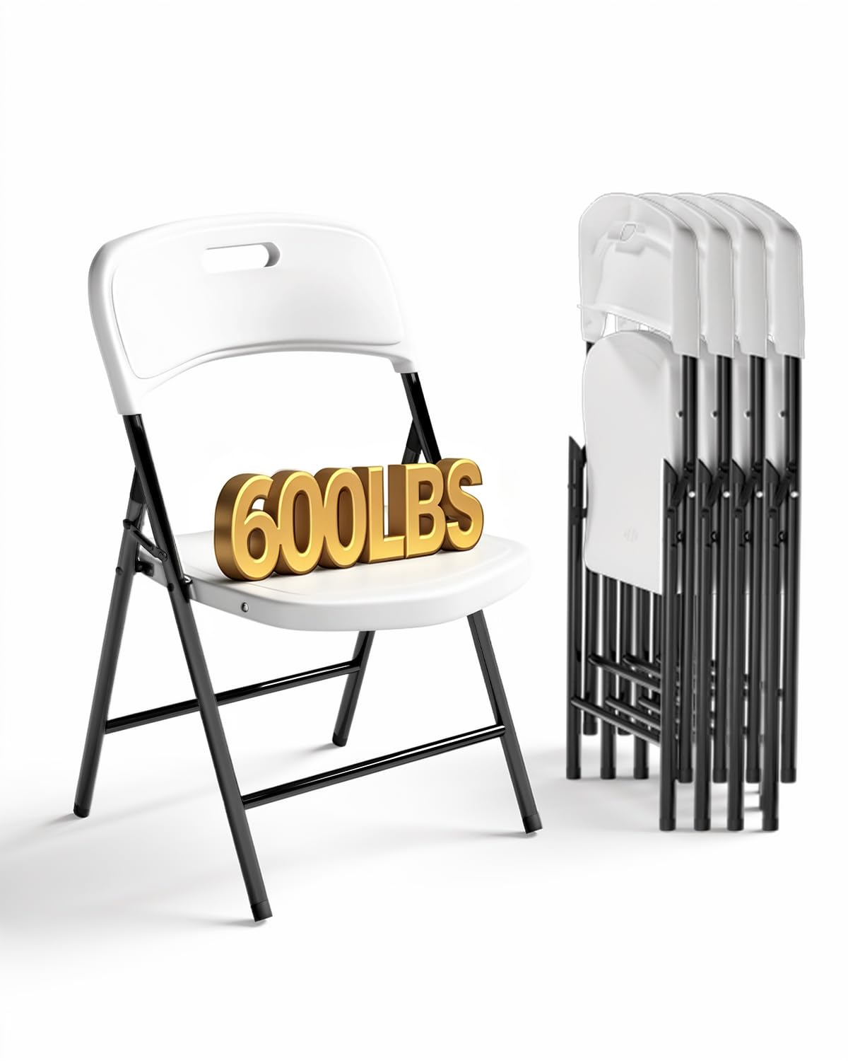 Folding Chairs, 600lbs Capacity, Heavy-Duty Commercial Stackable Plastic Foldable Chairs for Indoor/Outside, Office, Kitchen, Party, Patio(White, 4 Pack)