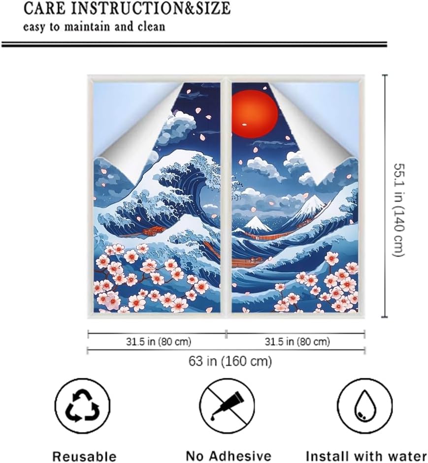 Ocean Waves Cherry Blossoms Window Privacy Film 31.5Wx55.1L inch x 2pcs