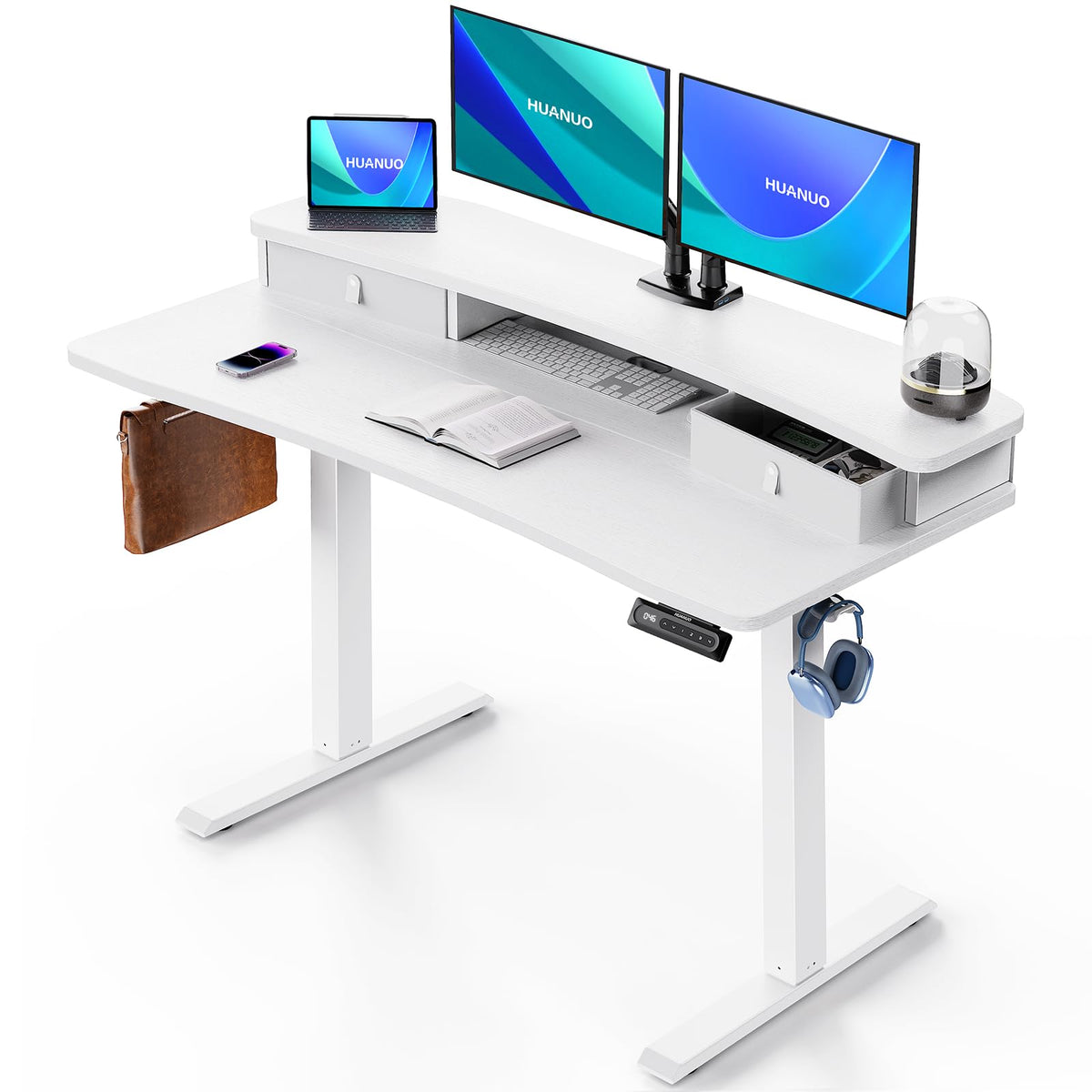 HUANUO 48″ x 28″ Electric Standing Desk with 2 Drawers, C-Clamp Mount Compatible, Height Adjustable Computer Desk, Home Office Stand Up Desk with 4 Preset Heights & 2 Hooks, Black