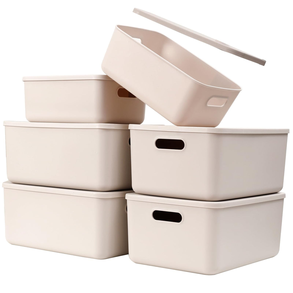 Yishyfier Plastic Storage Baskets With Lid Organizing Container Lidded Knit Storage Organizer Bins for Shelves Drawers Desktop Closet Playroom Classroom Office (4XL+2L, Light grey)