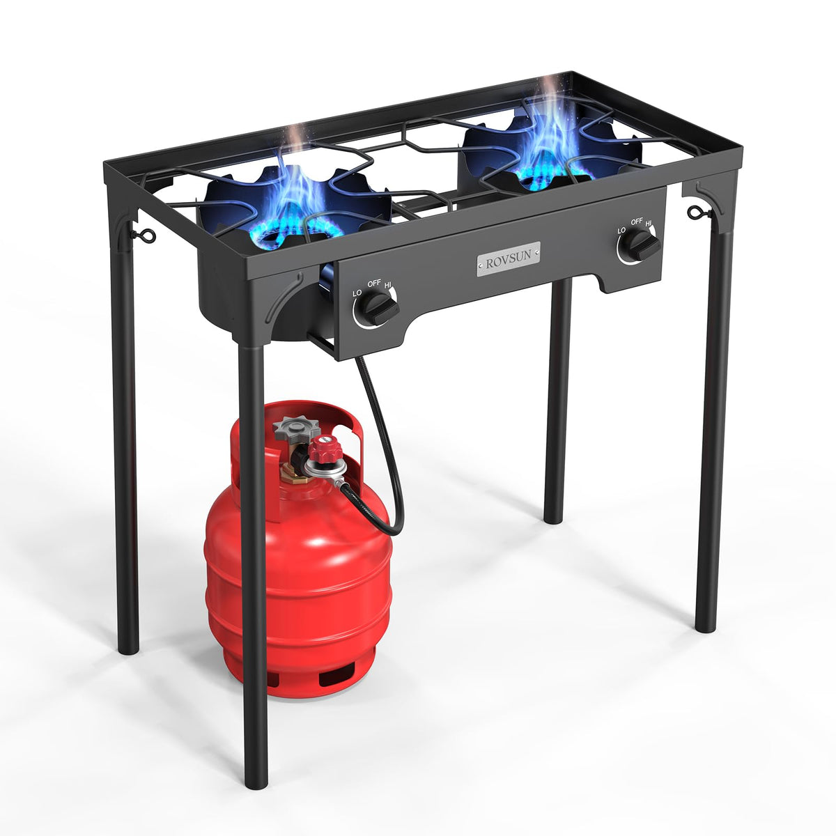 ROVSUN 2 Burner Outdoor Propane Gas Stove with Regulator, Windpanel, Bag & Side Shelves, 150,000 BTU Powerful Stand Cooker for Backyard Cooking Camping Home Brewing Canning Turkey Frying