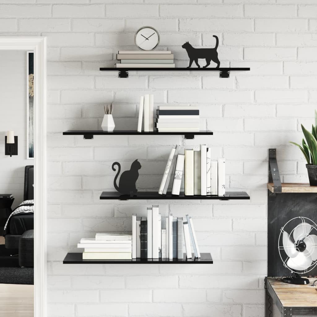 8 Pcs Wall Shelves Boards, 31.5" x 11.8" x 0.6" High Gloss Black Engineered Wood Shelving for Wall, Decorative Storage Display for Living Room Home Office