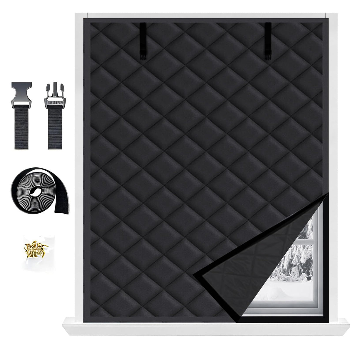 Winter Window Insulation Kit, 20" 28" 36" 48" 79" Cotton Insulated Curtains for Winter Window Insulation Cover, Thermal Window Cover for Winterizing Bedroom Attic RV Garage(Black,63x114in/160x290cm)