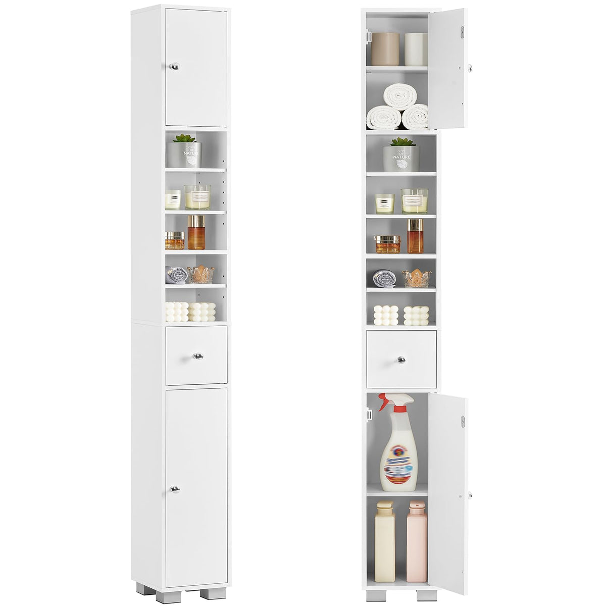TEENFON Storage Cabinet, Pantry Cabinet with 2 Adjustable Shelves & Large Drawer, Kitchen Pantry Cabinet with 4 Doors, Bathroom Storage Cabinets, for Living Room, White