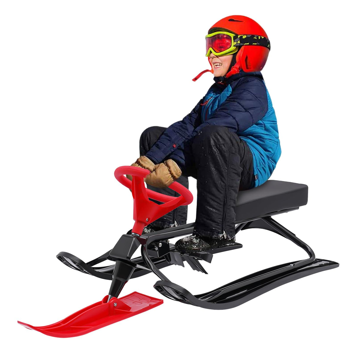 Snow Racer Sled, Ski Sled with Steering Wheel & Twin Brakes, Durable Steel Frame, Great Weight Capacity of 220 LBS, Sled for Kids Age 6 & Up, Teenagers Adult