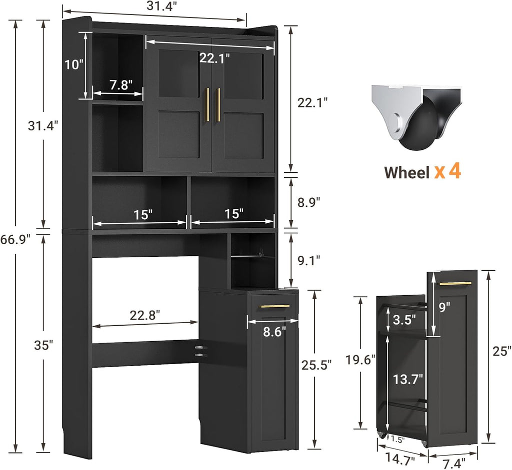 ELYKEN Over The Toilet Storage Cabinet with Pulley & Acrylic Doors, Black