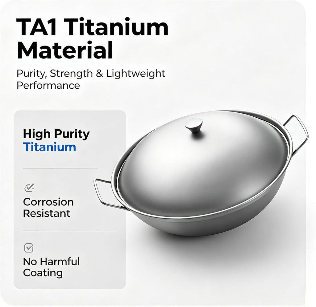 Titanium Camping Pot with Lid & Dual Handles, Chinese Hot Dry Pot Wok Pan, Portable Cook Pots Ultralight Outdoor Cookware for Backpacking, Hiking,Travel, Home used RT141C (Titanium color)