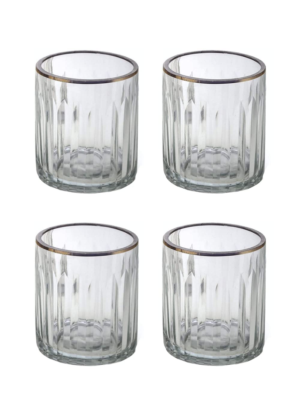 Serene Spaces Living Set of 32 Etched Stripes Glass Votive Holders with Gold Rim, Ideal for Wedding Decorations, Parties, Events, Measures 3" Tall and 2.5" Diameter