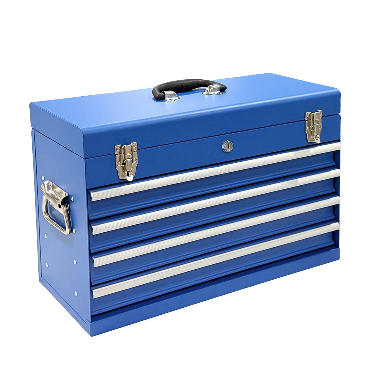 4 Drawers Metal Tool Box, 21" Portable Steel Tool Chest w/Key Lock&Latch Closure, Multi-Function Top Storage Tray Toolbox w/Powder Coating&Ball Bearing Slides (Style 1-4 Drawers - Blue)
