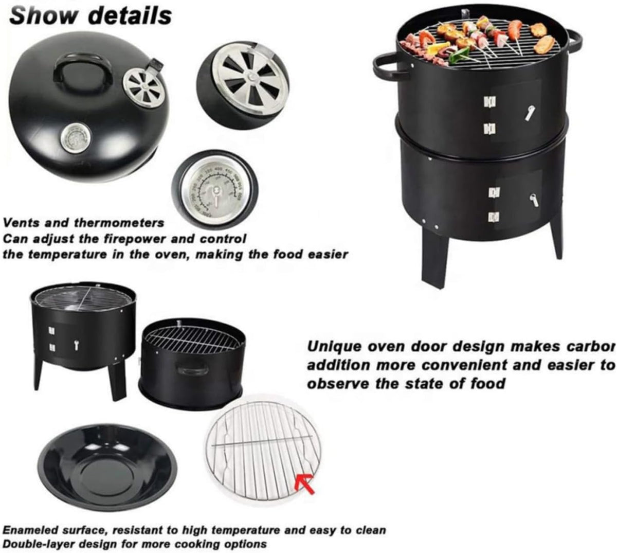 Outdoor Double Layer Charcoal Grill & Smoker - Vertical Design for Smoke-Free BBQ, 33.07" Traditional American Steel Grill for Garden, Patio, Camping (Black)