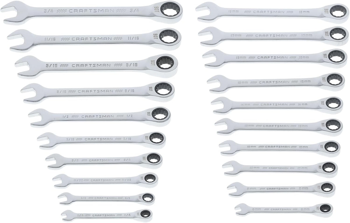 CRAFTSMAN Ratchet Wrenches Set, 20 Pc, 90 Tooth SAE/Metric Ratcheting Wrench Set with Case, 4 Degree Arc Swing (CMMT87220)