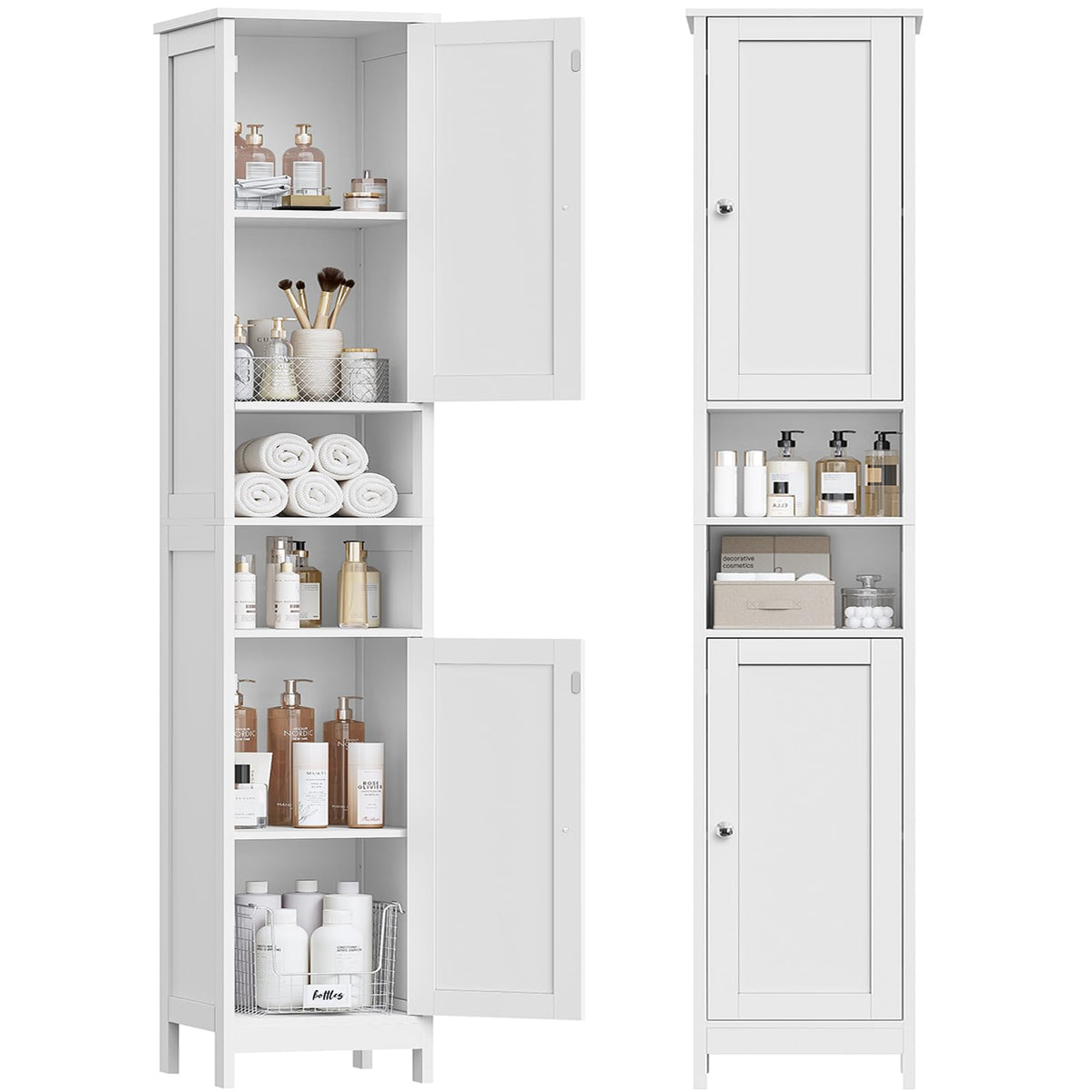 TEENFON Tall Bathroom Storage Cabinet with 4 Doors & 2 Adjustable Shelves