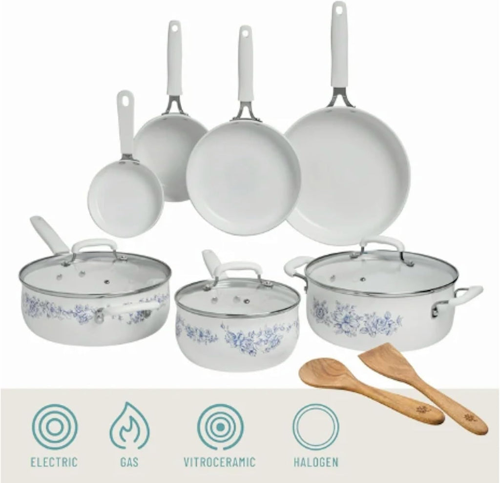 Pioneer Woman Style Agatha 12-Piece Aluminum & Ceramic Classic Cookware Set Blue