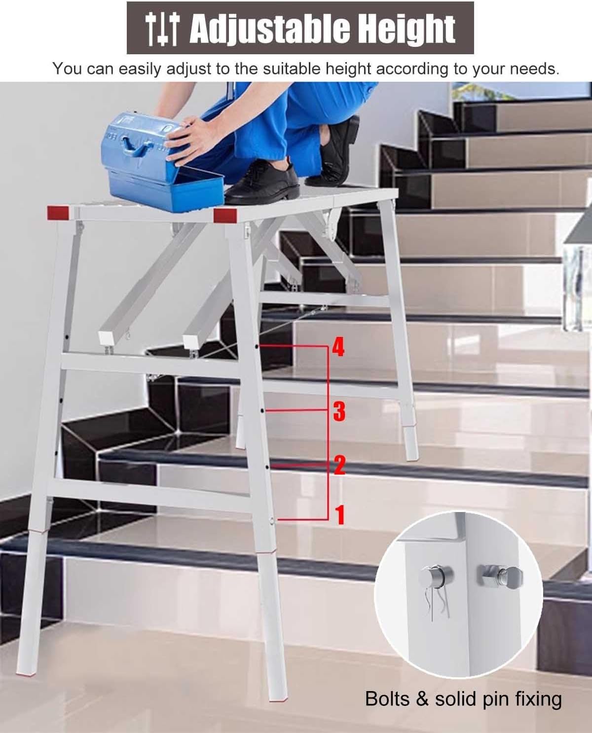 ZIMGOD Stairs Stairwell Scaffolding with Adjustable Legs, Folding Work Platform Ladder for Uneven Ground, Home Use Workbench Stool with Anti-Skid Foot Pad(100x30cm (39.4x11.8in))