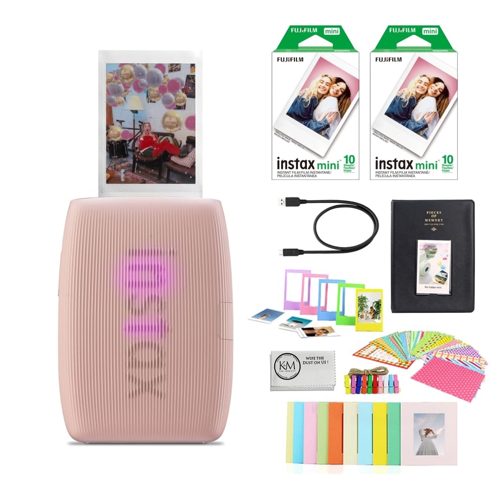 Fujifilm INSTAX Mini Link 3 Smartphone Printer | Rose Pink Bundled with INSTAX Mini Instant Film | 20 Exposures + Instax Mini Album, Borders, Stickers & Clips + Microfiber Cleaning Cloth (4 Items)