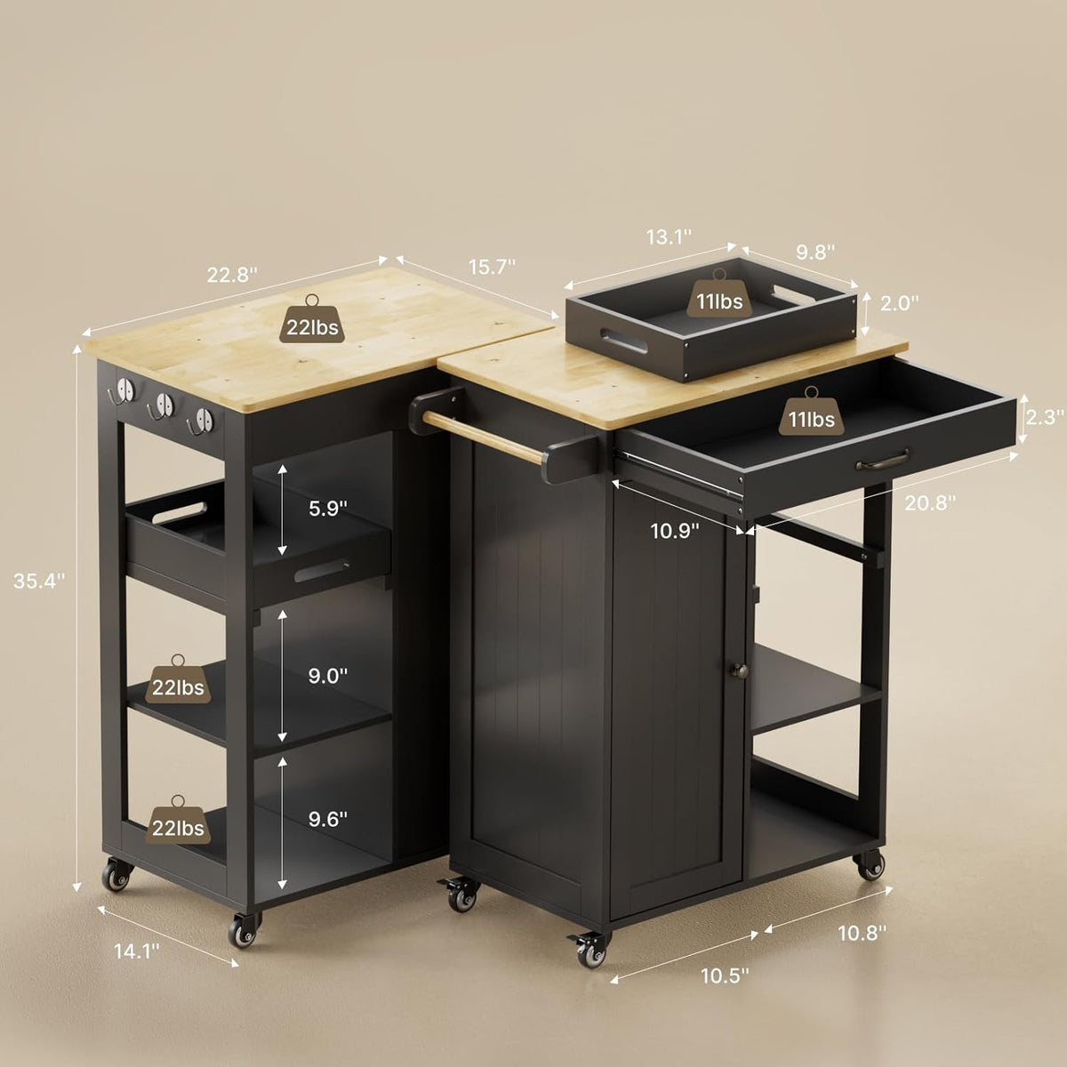 Gizoon Kitchen Island Cart with 27.6''W Solid Wood Top