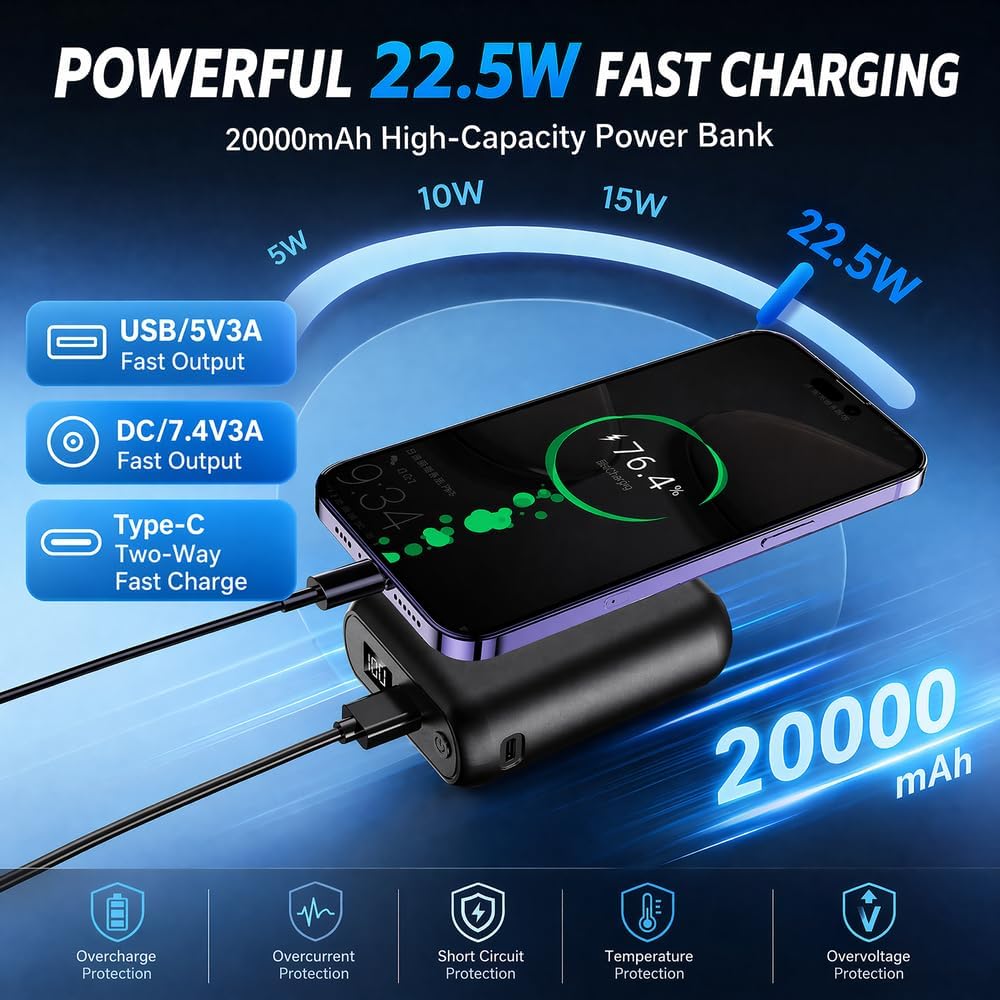 2 Pack 20000mAh Heated clothing Dedicated Battery pack,DC 7V/3A USB 5V/3A