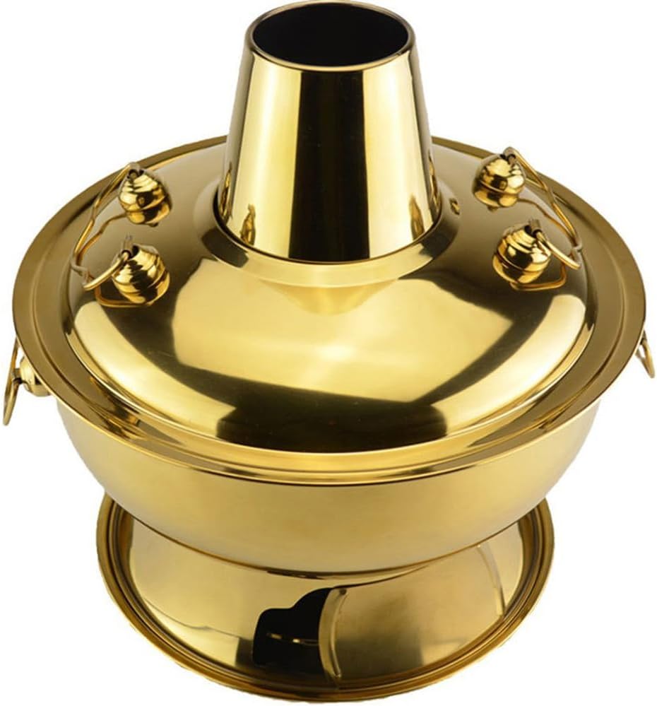 Hot Pot, Chinese Charcoal Hotpot, Extra Thick Stainless Steel Stew Pan, Vintage Hot Pot with Chimney Shabu Shabu Hotpot for Family Dinners and Stewed Lamb Camping,Gold,36cm/14.2inch