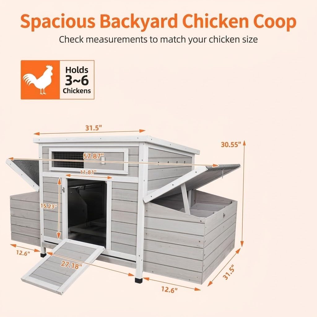 58”Solid Wood Chicken Coop for 3-4 Chickens,Outdoor Hen House Poultry Pet Hutch with Run Cage and 2 Sides Nesting Box,Waterproof Asphalt Roof Ramp,Removable Tray Wire Fence for Backyard