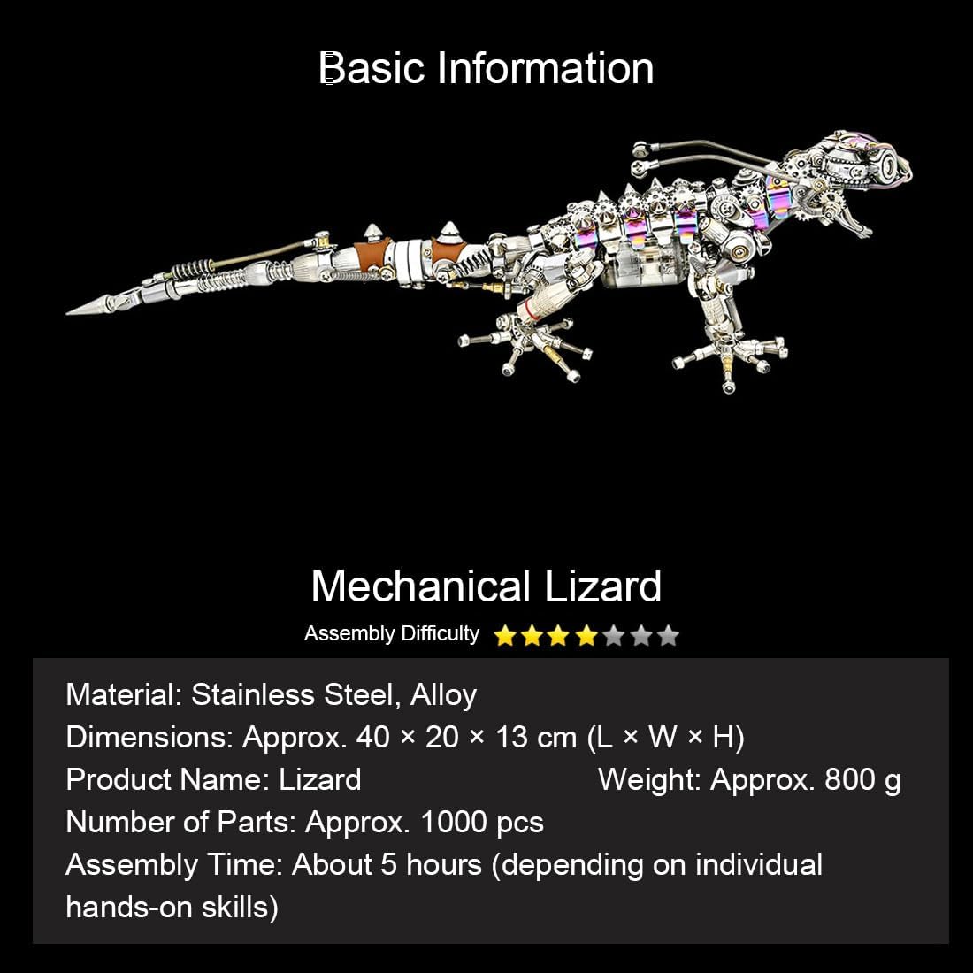 3D Metal Puzzle Animal Model Kit, 1000PCS DIY Assemble Steampunk Mechanical Lizard Model with LED Light, Creative Handcrafted Metal Art Craft Desktop Display & Decoration for Adults