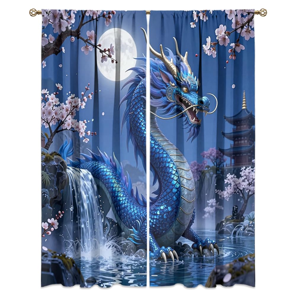 Dreamy Ice Fire Dragon Rod Pocket Curtains-Fantasy Yin Yang Theme Blackout Curtains & Drapes for Bedroom,Mythological Wild Animals Dragon Room Darkening Window Curtain,2pcs,Each 52“W x 96”L