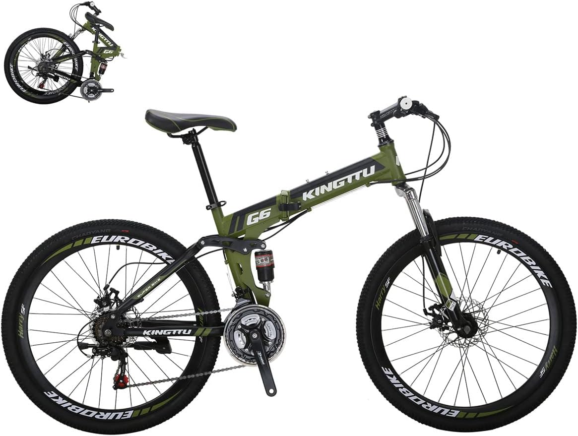Eurobike Adult Folding Bike HY G6 Bicycle 26 Inches Muti Spoke Wheels 21 Speed Dual Suspension Folding Mountain Bike (G6 ArmyGreen -KT 32 Spoke)