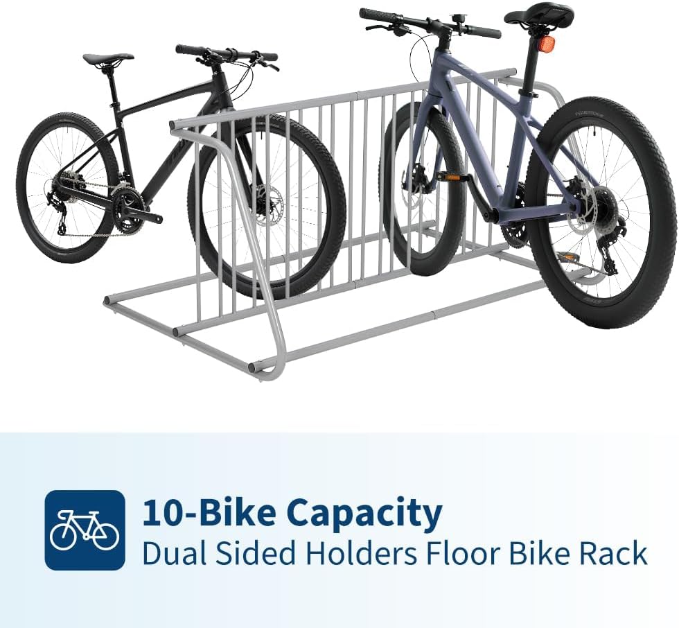 Heavy Duty Double-Sided 10-Bike Floor Rack Organizer – 60" Freestanding All-Steel Two-wheeler Storage Stand – Easy Assembly, Stable Space-Saving Solution for Garage, Street, Yard, Events – Gray