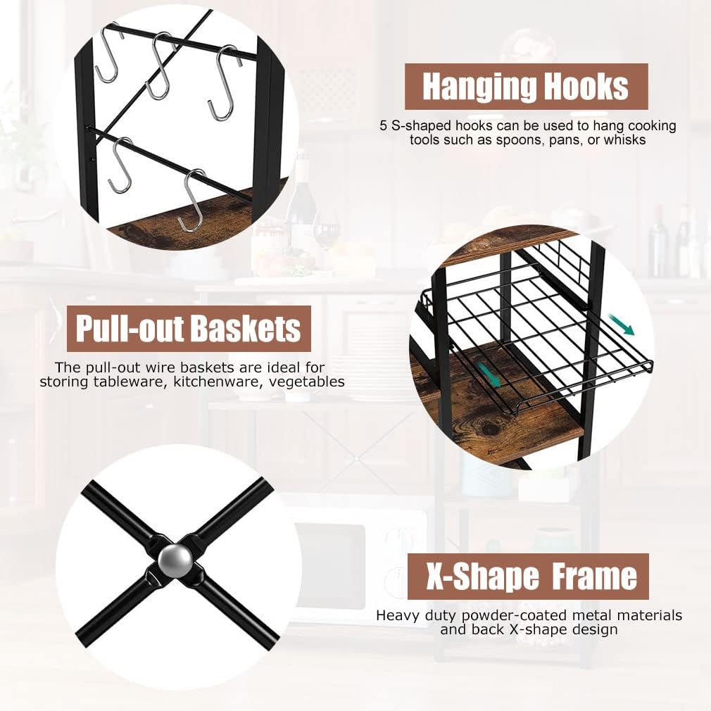 PayLessHere Baker’s Rack, Coffee Station, Microwave Oven Stand, Kitchen Shelf with Wire Basket, Utility Storage for Spices, Pots, and Pans, Rustic Brown. (Rustic Brown)
