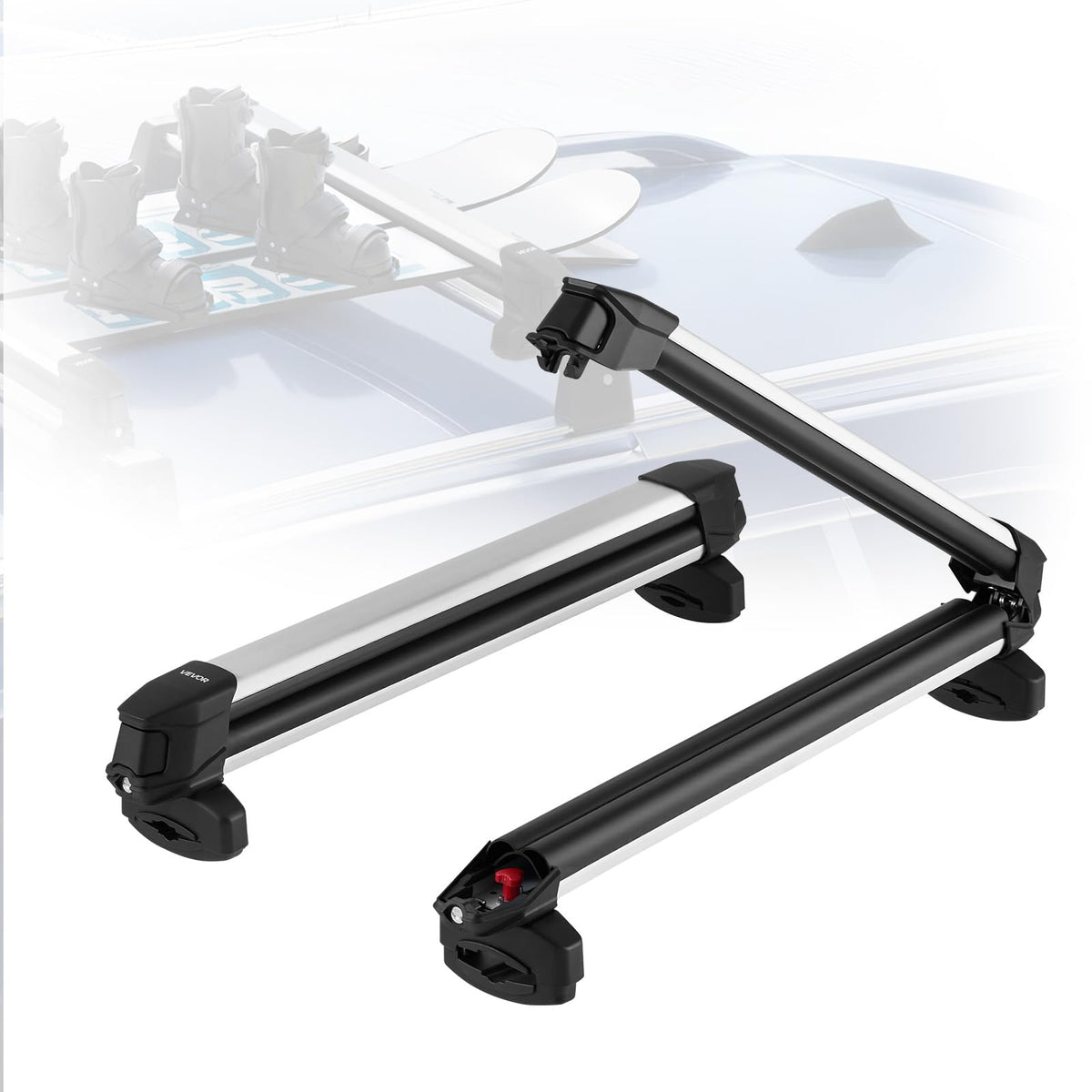 VEVOR Ski & Snowboard Roof Rack, Carry up to 4 Pairs of Skis or 2 Snowboards, 2 PCS Aluminum Universal Car Roof Rack with Lock & Rubber Padding, Carrier for Fishing Rod, Fit Most Slotted Crossbars