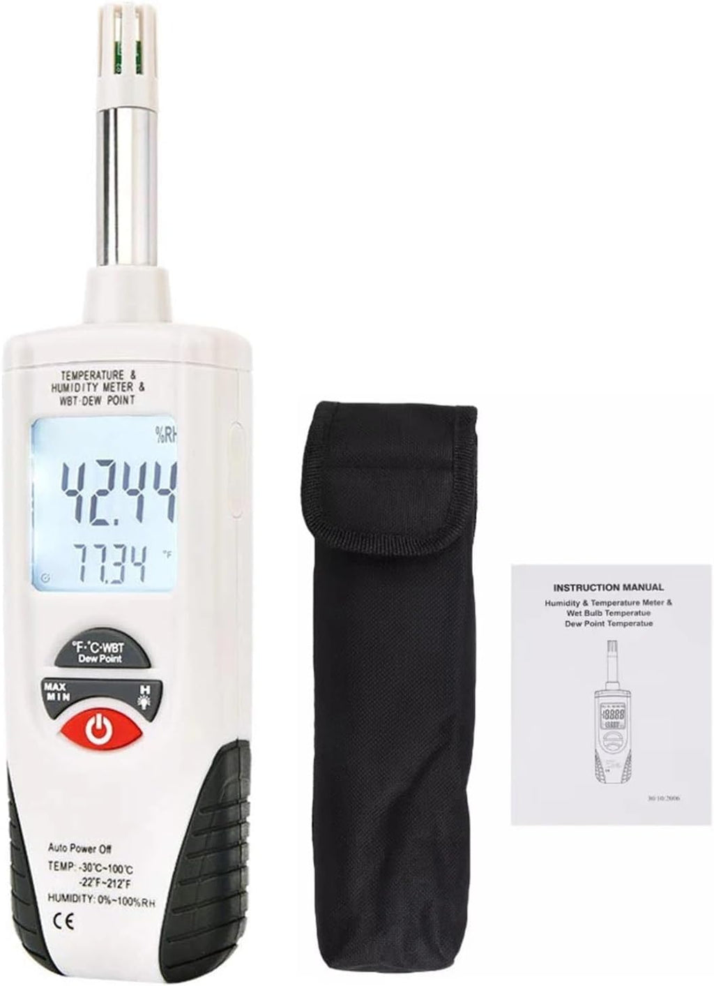 Moisture Meter, Handheld Digital Humidity Temperature Meter With Dew Point And Wet Bulb Temperature, Dual Display Temperature & Humidity