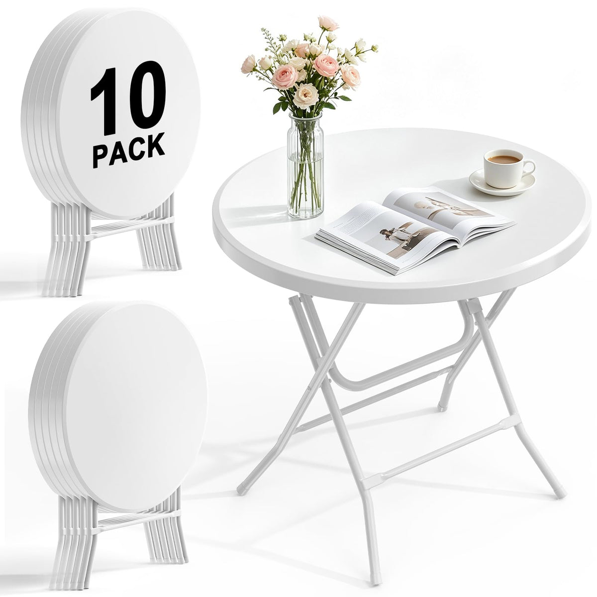 32" Round Folding Table, HDPE Top & Metal Frame, 2 Pack, White